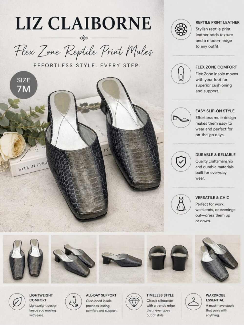 LIZ CLAIBORNE Flex Zone Reptile Print Leather Mules 7m
